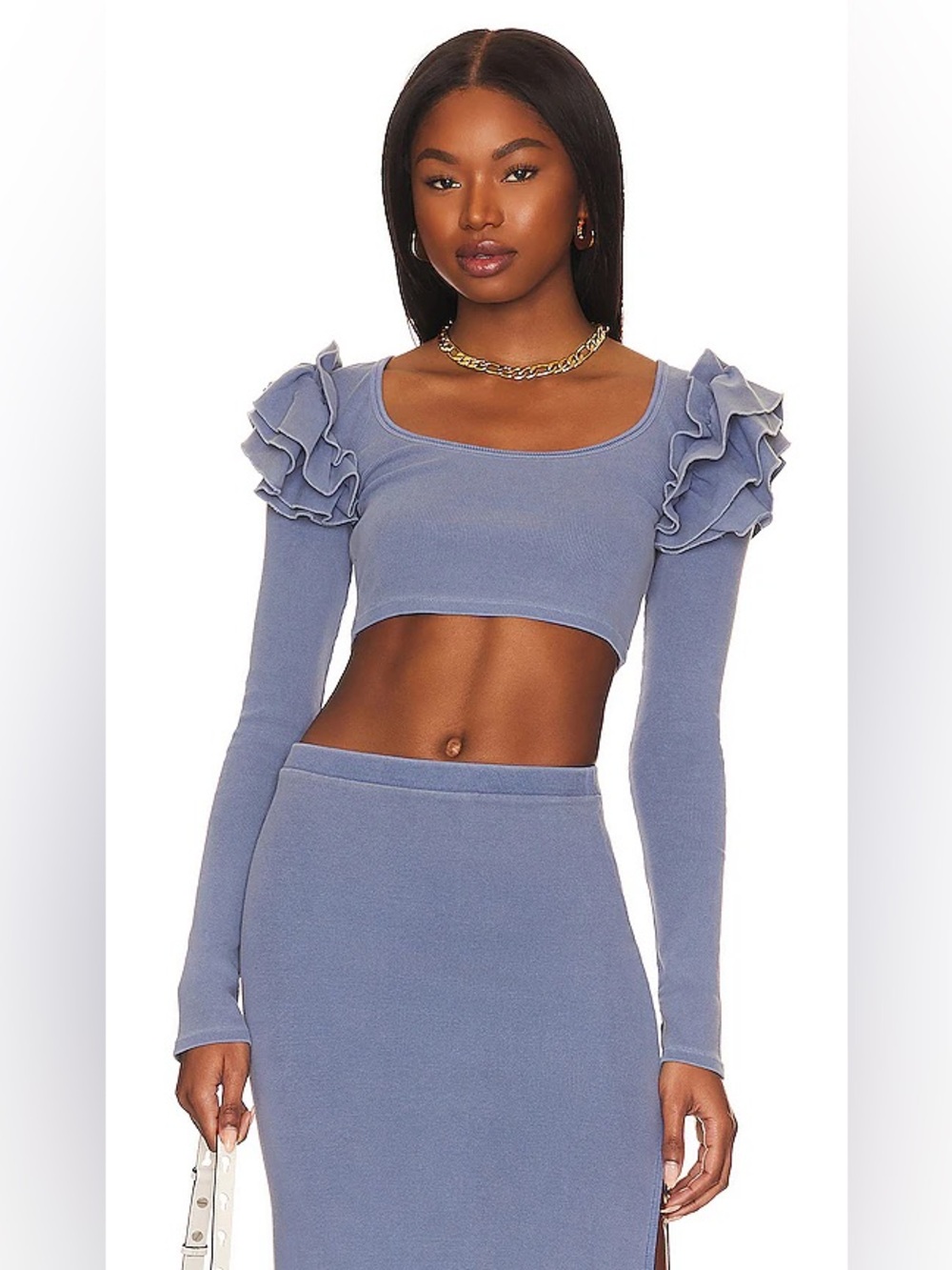 NWT Tularosa Green Maeve Ruffle Shoulder Crop Top Dusty Blue Sz S $148 Revolve